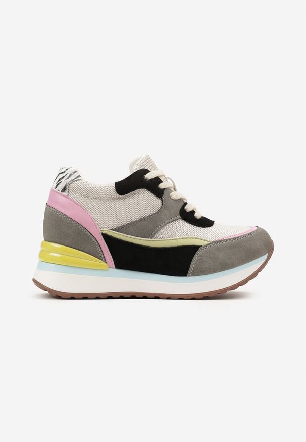 Born2be - Szare Sneakersy z Kolorowymi Wstawkami na Ukrytym Koturnie Eirlys. Kolor: szary. Wzór: kolorowy. Obcas: na koturnie