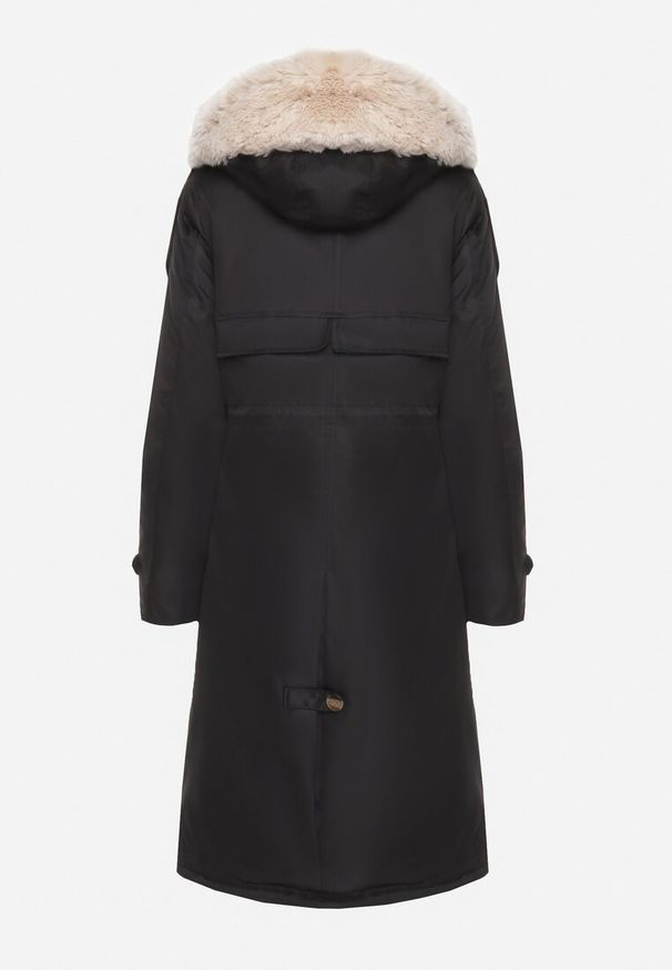Born2be - Czarno-Beżowa Ocieplana Kurtka Parka ze Ściągaczem w Pasie z Odpinanym Futrem przy Kapturze Tintelissa. Okazja: na co dzień. Kolor: czarny. Materiał: futro. Styl: sportowy, klasyczny, casual, elegancki