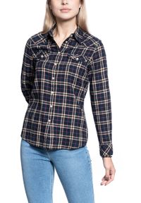 Wrangler - DAMSKA KOSZULA MATERIAŁOWA WRANGLER WESTERN CHECK SHIRT NAVY W5N1O9114. Materiał: materiał