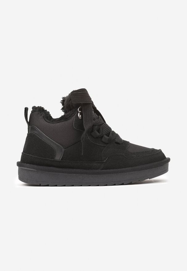 Born2be - Czarne Sneakersy Vices w Stylu Śniegowców Ocieplane z Szerokim Sznurowaniem Rennith. Okazja: na spacer. Kolor: czarny. Materiał: wełna. Sezon: jesień. Obcas: na obcasie. Wysokość obcasa: niski. Sport: turystyka piesza