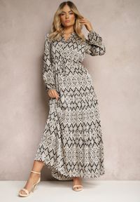 Renee - Czarno-Biała Casualowa Sukienka ze Sznurkiem w Pasie i Falbanką Carmarie. Okazja: na co dzień. Kolor: czarny. Materiał: satyna. Styl: casual #3
