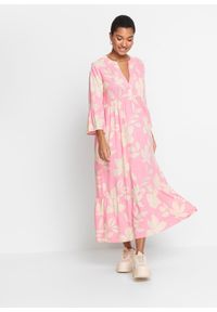 bonprix - Długa sukienka z lejącej wiskozy. Typ kołnierza: dekolt w serek. Kolor: różowy. Materiał: wiskoza. Wzór: kwiaty. Sezon: lato. Długość: maxi #1