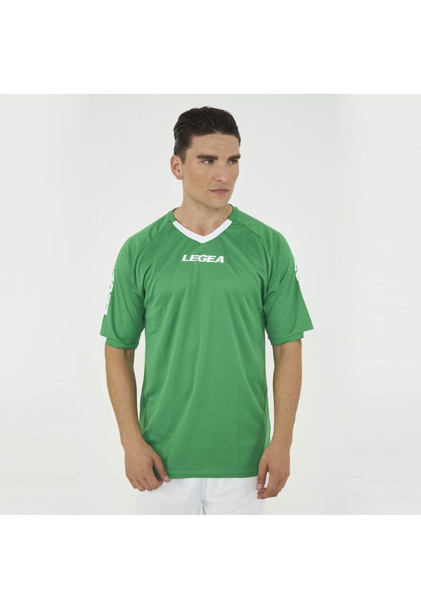 LEGEA - Koszulka do koszykówki LOS ANGELES zielona. Typ kołnierza: dekolt w serek. Kolor: biały, wielokolorowy, zielony. Materiał: materiał, mesh. Długość rękawa: krótki rękaw. Długość: krótkie. Sport: koszykówka