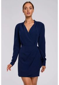 Sukienki.shop - Elegancka kopertowa sukienka mini z drapowaniem granatowa. Kolor: niebieski. Typ sukienki: kopertowe. Styl: elegancki. Długość: mini #3