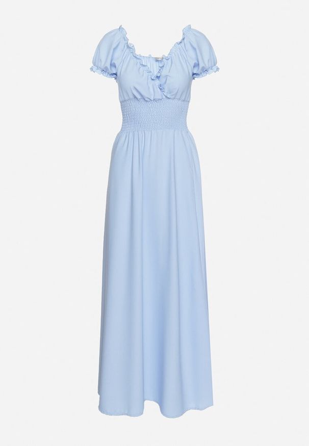 Born2be - Jasnoniebieska Wiskozowa Sukienka z Gumką w Pasie i Trójkątnym Dekoltem Quneri. Okazja: na randkę, na spacer, na imprezę. Kolor: niebieski. Materiał: wiskoza. Typ sukienki: sportowe. Styl: sportowy, elegancki