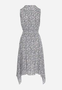 Born2be - Granatowo-Beżowa Sukienka z Elastycznej Bawełny z Asymetrycznym Dołem i Gumką w Pasie Penelorea. Okazja: na spacer, na co dzień. Typ kołnierza: dekolt w kształcie V. Kolor: niebieski. Materiał: bawełna. Typ sukienki: asymetryczne. Styl: elegancki, casual #5