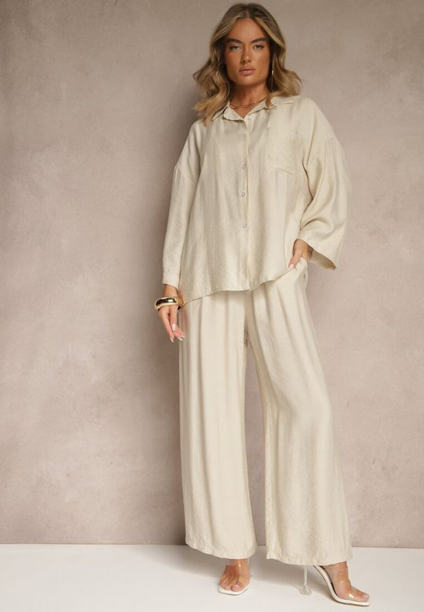 Renee - Beżowy Wiskozowy Komplet Oversize Koszula i Spodnie Wide Leg Zierana. Kolor: beżowy. Materiał: wiskoza