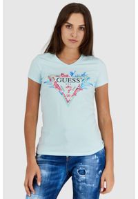 Guess - GUESS Błękitny t-shirt damski z logo z liśćmi i cyrkoniami. Typ kołnierza: dekolt w serek. Kolor: niebieski. Materiał: bawełna. Wzór: kwiaty #1