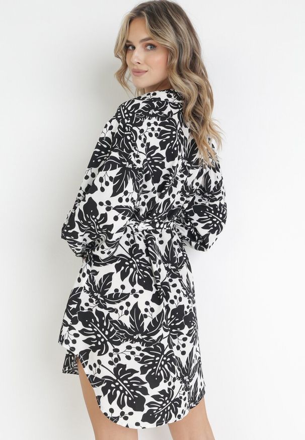 Born2be - Czarna Koszulowa Sukienka Mini z Materiałowym Paskiem i Szerokimi Mankietami Fidonisa. Kolor: czarny. Materiał: materiał. Długość rękawa: długi rękaw. Wzór: kwiaty, nadruk. Typ sukienki: koszulowe. Długość: mini