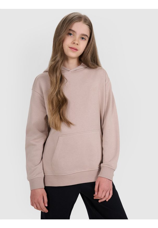 4f - 4F Bluza dresowa nierozpinana z kapturem dziewczęca - beżowa 128 (7-8 lat). Okazja: na co dzień. Typ kołnierza: kaptur. Kolor: beżowy. Materiał: dresówka. Wzór: gładki, ze splotem. Sezon: lato. Styl: casual, sportowy