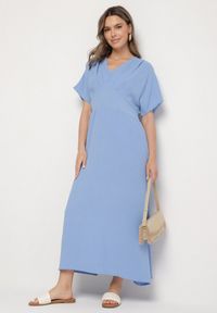 Born2be - Niebieska Sukienka z Bawełną i Górą w Stylu Nietoperza Filenia. Okazja: na co dzień. Kolor: niebieski. Materiał: bawełna. Styl: casual #7