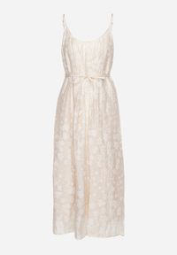 Born2be - Beżowa Sukienka na Regulowanych Ramiączkach Ozdobiona Cyrkoniami z Materiałowym Paskiem Selolia. Okazja: na co dzień. Typ kołnierza: dekolt w kształcie V. Kolor: beżowy. Materiał: materiał. Długość rękawa: na ramiączkach. Wzór: aplikacja. Typ sukienki: proste. Styl: casual #3