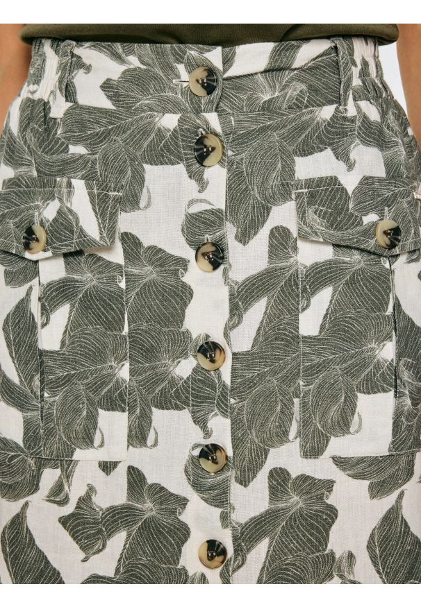 Big-Star - Spódnica damska lniana midi w roślinny wzór Roliana 000. Kolor: wielokolorowy. Materiał: len. Styl: wizytowy, elegancki