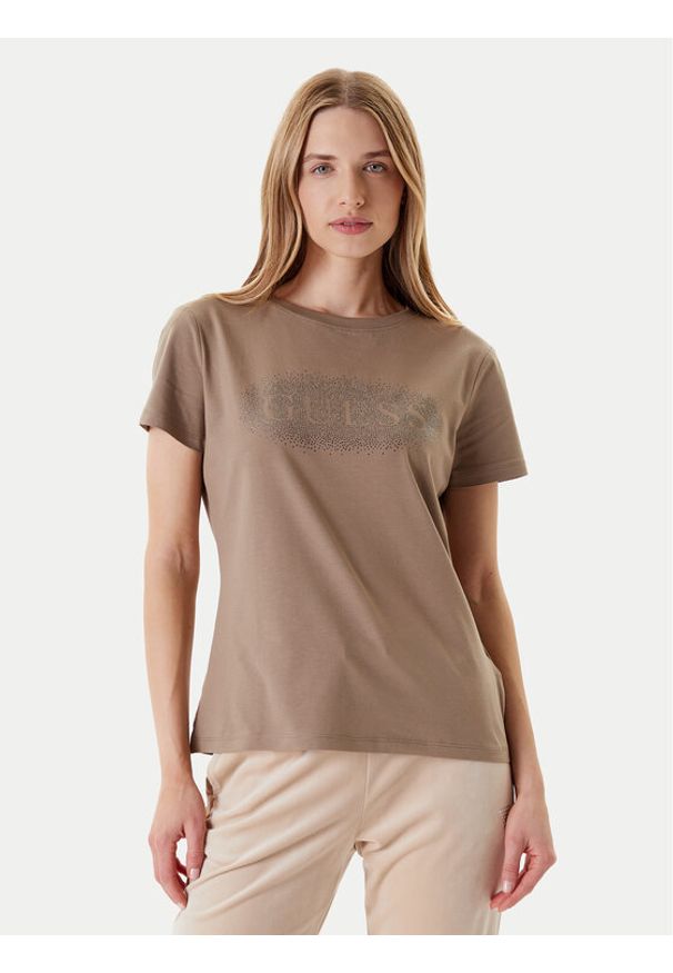 Guess T-Shirt V5YI08 J1314 Brązowy Regular Fit. Kolor: brązowy. Materiał: bawełna