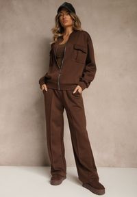 Renee - Brązowy Komplet Dresowy z Bawełny Zasuwana Bluza i Spodnie Teviora. Kolor: brązowy. Materiał: dresówka, bawełna