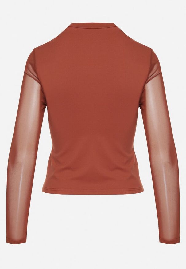 Born2be - Brązowa Bluzka z Golfem Vices Ozdobiona Transparentnymi Wstawkami Hatalie. Okazja: na co dzień. Typ kołnierza: golf. Kolor: brązowy. Materiał: jeans. Długość rękawa: długi rękaw. Długość: długie. Wzór: aplikacja. Styl: casual, klasyczny