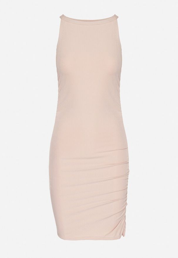 Born2be - Beżowa Prążkowana Sukienka z Marszczeniami Ursola. Okazja: na co dzień. Kolor: beżowy. Materiał: prążkowany. Wzór: prążki. Styl: casual, elegancki