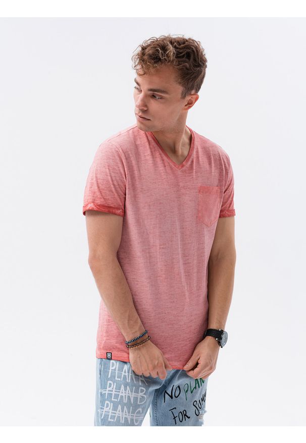 Ombre Clothing - T-shirt męski bawełniany S1388 - koralowy - XXL. Kolor: pomarańczowy. Materiał: bawełna