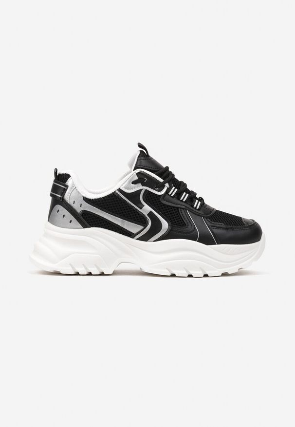 Born2be - Czarne Sneakersy ze Wstawkami z Metalicznej Ekoskóry i Ozdobnymi Przeszyciami Mirael. Kolor: czarny