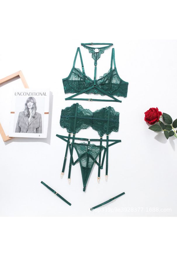 Intica - Koronkowy komplet bielizny z pasem do pończoch na romantyczny wieczór Fatinah. Kolor: zielony. Materiał: koronka. Wzór: koronka