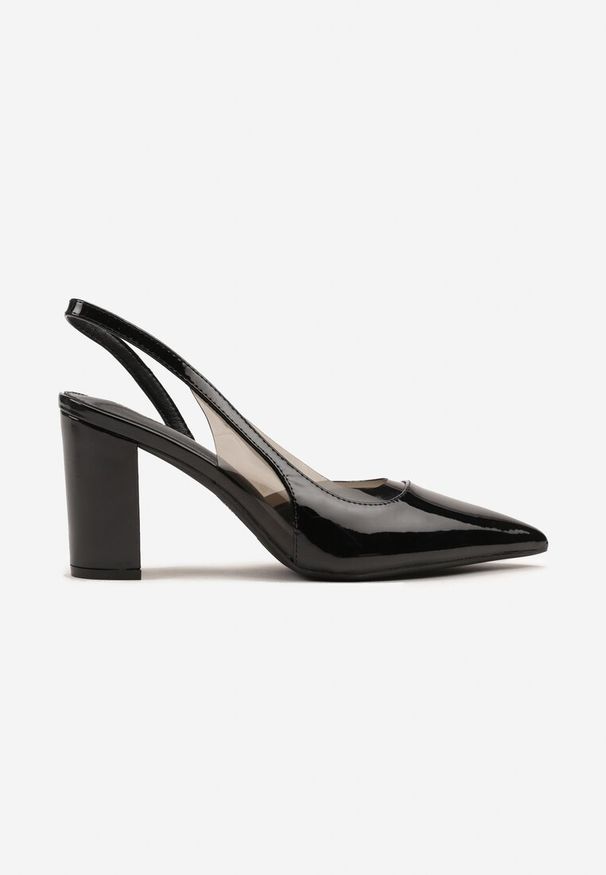 Renee - Czarne Sandały Lakierowane na Słupku typu Slingback Dralzedi. Okazja: na co dzień. Zapięcie: sprzączka. Kolor: czarny. Materiał: lakier. Obcas: na słupku. Styl: elegancki, klasyczny, casual