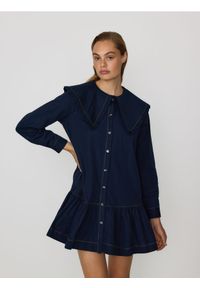 Reserved - Sukienka mini z kołnierzykiem - granatowy. Kolor: niebieski. Materiał: bawełna. Długość: mini #1