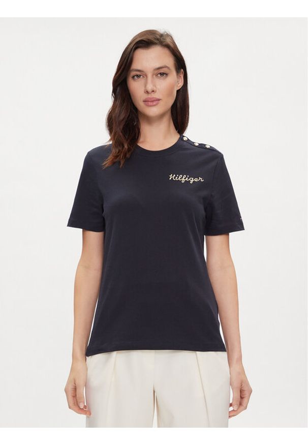 TOMMY HILFIGER - Tommy Hilfiger T-Shirt Gold Button WW0WW41211 Granatowy Regular Fit. Kolor: niebieski. Materiał: bawełna