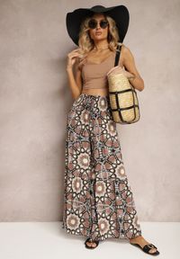 Renee - Brązowe Spodnie Typu Palazzo z Wiskozy High Waist z Gumką w Pasie Bistalia. Okazja: na co dzień. Stan: podwyższony. Kolor: brązowy. Materiał: wiskoza. Długość: długie. Styl: casual, wizytowy
