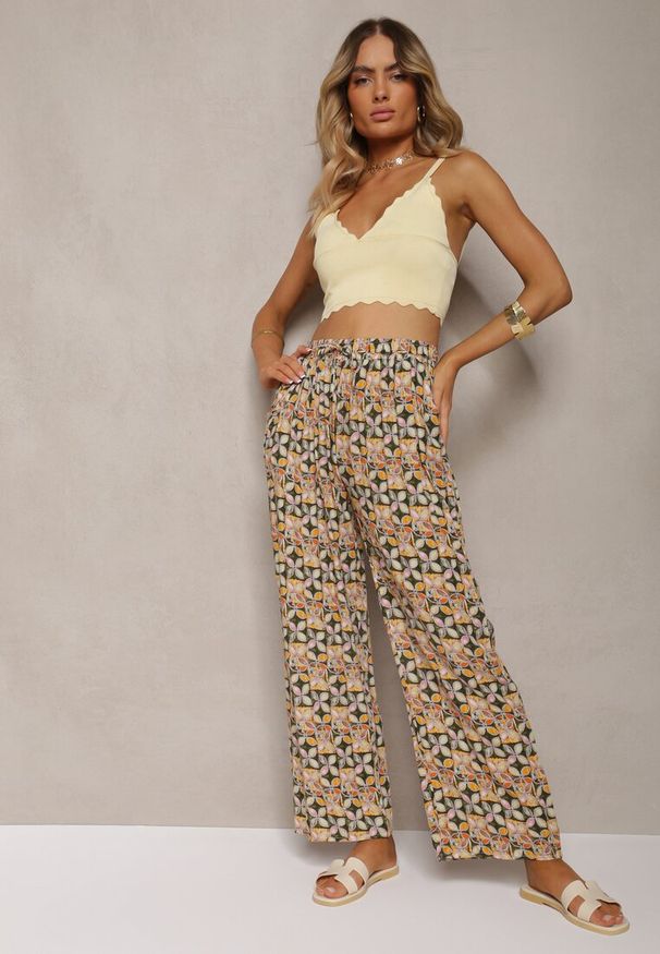 Renee - Zielono-Beżowe Wiskozowe Spodnie High Waist Szerokie z Gumką w Pasie i Kieszeniami Aizha. Stan: podwyższony. Kolor: zielony. Materiał: wiskoza