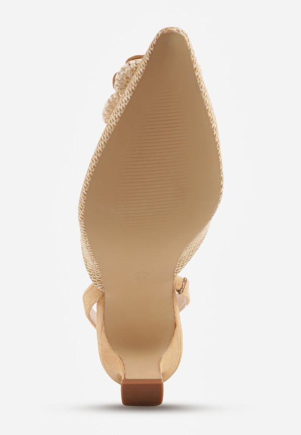 Renee - Beżowe Sandały Slingback na Kaczuszce z Tweedowymi Wstawkami i Kwiatem 3D Zehe. Okazja: na co dzień, na imprezę. Zapięcie: bez zapięcia. Kolor: beżowy. Materiał: jeans, koronka. Wzór: kwiaty. Obcas: na szpilce. Styl: casual, elegancki