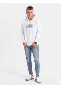 Ombre Clothing - Męska bluza nierozpinana z kapturem i nadrukiem - biała V1. Typ kołnierza: kaptur. Kolor: biały. Materiał: poliester, bawełna. Wzór: nadruk