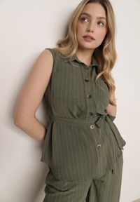 Born2be - Ciemnozielony Wiskozowy Komplet Szerokie Spodnie i Koszula Bez Rękawów z Wiązaniem Zanran. Kolor: zielony. Materiał: wiskoza #7