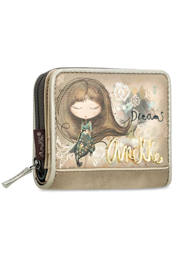 Brązowa Mała Portmonetka Damska Anekke Real. Kolor: brązowy. Materiał: materiał. Wzór: aplikacja, haft