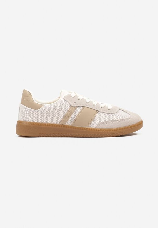 Renee - Beżowe Sneakersy na Kauczukowej Podeszwie Ozdobione Paskami Emidi. Okazja: na co dzień. Zapięcie: pasek. Kolor: beżowy. Materiał: kauczuk. Wzór: aplikacja. Obcas: na obcasie. Wysokość obcasa: niski