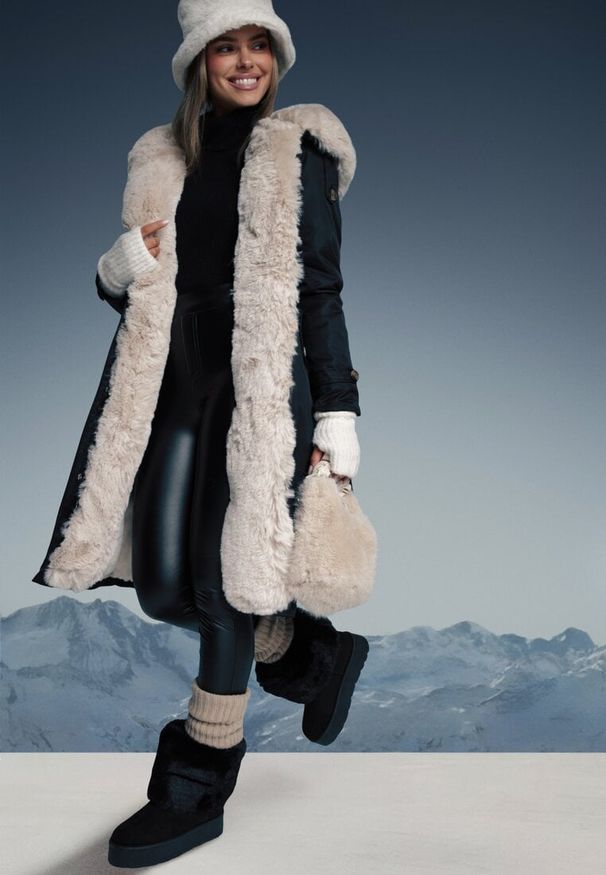 Born2be - Czarno-Beżowa Ocieplana Kurtka Parka ze Ściągaczem w Pasie z Odpinanym Futrem przy Kapturze Tintelissa. Okazja: na co dzień. Kolor: czarny. Materiał: futro. Styl: elegancki, casual, sportowy, klasyczny