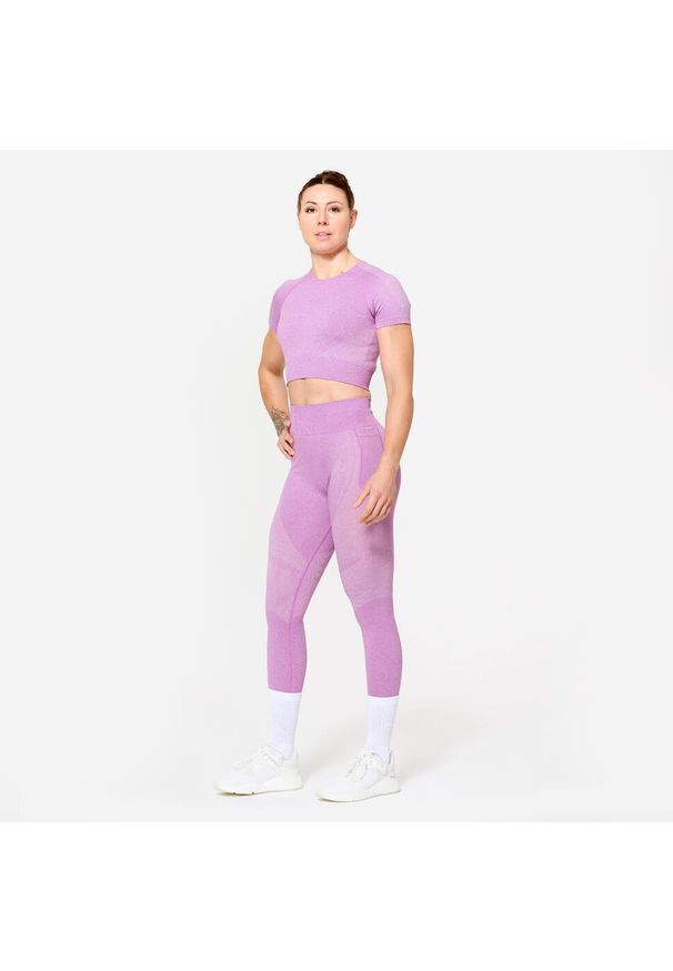 DOMYOS - Legginsy fitness damskie Domyos. Stan: podwyższony. Kolor: różowy. Materiał: materiał, poliamid, elastan. Sport: fitness