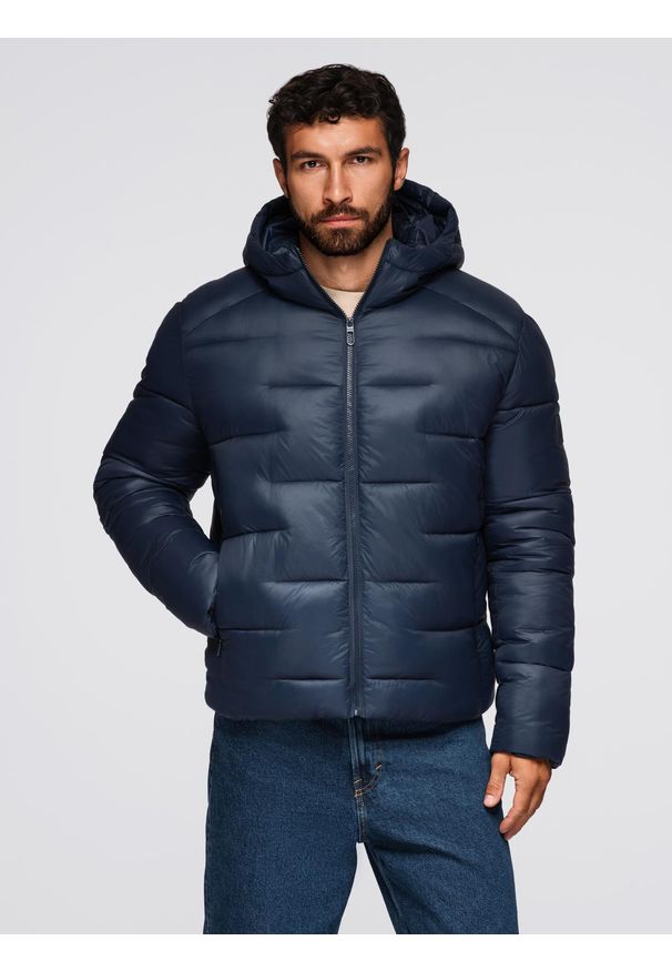 Ombre Clothing - Pikowana kurtka męska puffer z kapturem – granatowa V4 - Rozmiar: M. Typ kołnierza: kaptur. Kolor: niebieski. Materiał: poliester, materiał. Wzór: aplikacja. Sezon: zima. Styl: elegancki