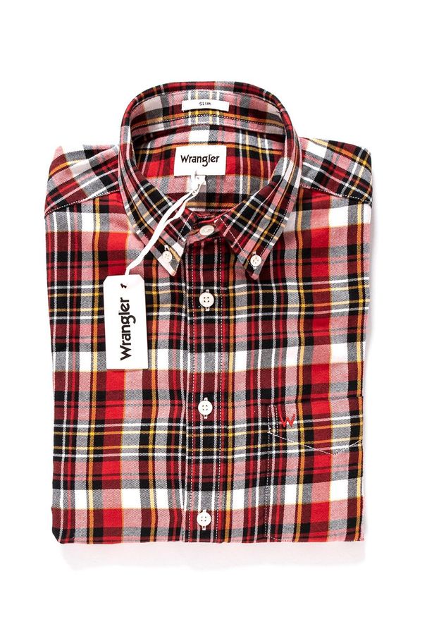 Wrangler - KOSZULA WRANGLER LS 1PKT BUTTON DOWN SALSA RED W5883NWWN. Typ kołnierza: button down. Kolor: czerwony. Wzór: aplikacja