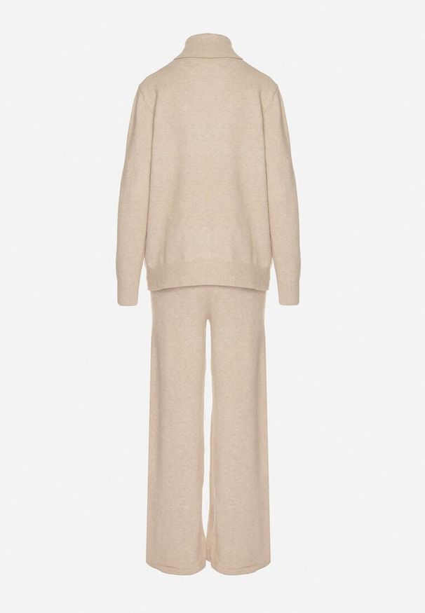Born2be - Jasnobeżowy Dzianinowy Komplet z Wełną i Bawełną Spodnie i Sweter z Golfem Errele. Kolor: beżowy. Materiał: wełna, bawełna, dzianina. Sport: golf