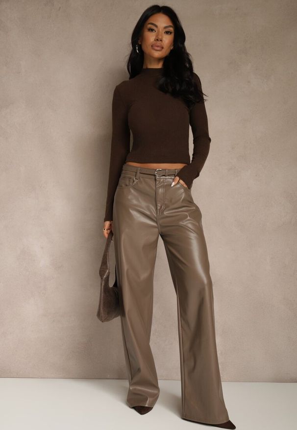 Renee - Brązowa Półtransparentna Bluzka Longsleeve ze Stójką z Dodatkiem Wiskozy Tusliana. Okazja: na imprezę. Typ kołnierza: kołnierzyk stójkowy. Kolor: brązowy. Materiał: wiskoza. Długość rękawa: długi rękaw