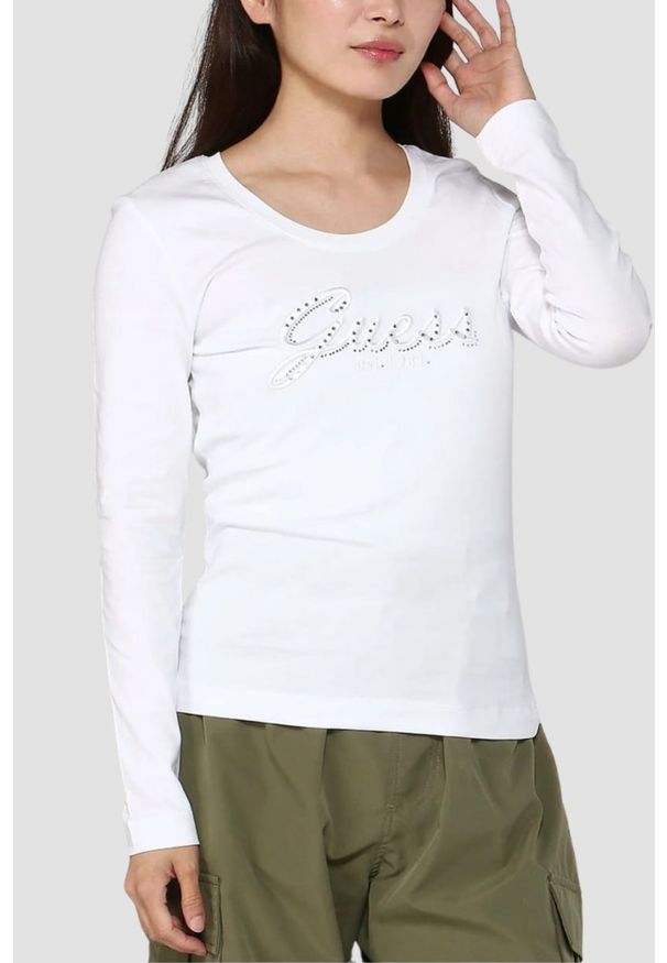 Guess - GUESS Biały damski longsleeve Embro Script. Kolor: biały. Długość rękawa: długi rękaw