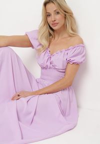 Born2be - Fioletowa Wiskozowa Sukienka z Gumką w Pasie i Trójkątnym Dekoltem Quneri. Okazja: na randkę, na spacer, na imprezę. Kolor: fioletowy. Materiał: wiskoza. Typ sukienki: sportowe. Styl: elegancki, sportowy #6