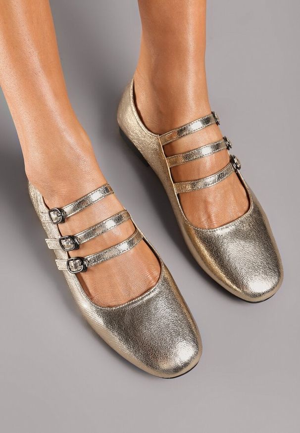 Renee - Złote Balerinki z Wkładką ze Skóry Naturalnej z Eleganckimi Paseczkami i Sprzączkami Vaivonne. Zapięcie: sprzączka. Kolor: złoty. Materiał: skóra. Wzór: paski. Obcas: na obcasie. Styl: elegancki. Wysokość obcasa: niski