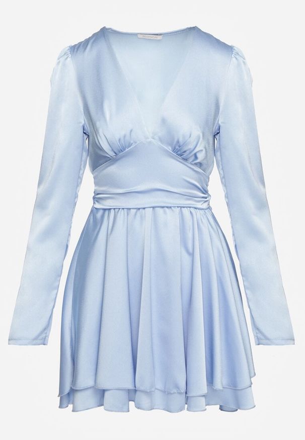 Renee - Niebieska Satynowa Sukienka Mini z Falbankami i Paskiem z Tyłu w Talii Catriona. Okazja: na imprezę. Typ kołnierza: kołnierz z falbankami. Kolor: niebieski. Materiał: satyna. Styl: elegancki. Długość: mini