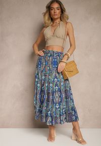 Renee - Niebieska Spódnica z Wiskozy Ozdobiona Motywem Paisley Ellivae. Okazja: na co dzień. Kolor: niebieski. Materiał: wiskoza. Wzór: aplikacja, paisley. Styl: casual, elegancki
