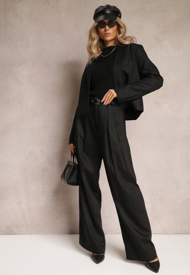 Renee - Czarne Szerokie Spodnie High Waist z Kieszeniami Keanne. Okazja: na co dzień. Stan: podwyższony. Kolekcja: dla wysokich. Kolor: czarny. Styl: casual