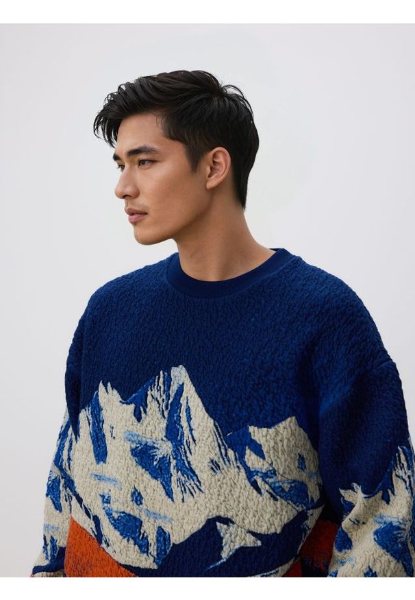 Reserved - Bluza z nadrukiem - granatowy. Kolor: niebieski. Materiał: wiskoza, dzianina. Wzór: nadruk