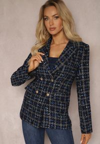 Renee - Czarno-Granatowa Tweedowa Marynarka Dwurzędowa Zapinana na Biżuteryjne Guziki Nallet. Kolor: czarny. Materiał: materiał. Styl: retro, elegancki #4