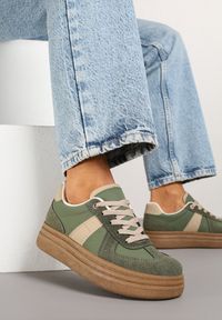 Renee - Zielone Sneakersy w Stylu Kultowych Tenisówek na Grubej Podeszwie Nanniris. Okazja: na co dzień. Zapięcie: sznurówki. Kolor: zielony. Materiał: jeans