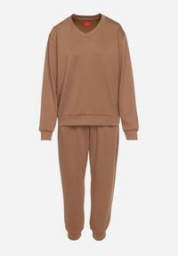 Born2be - Ciemnobeżowy Komplet Dresowy z Bawełną Bluza i Spodnie ze Ściągaczami Anirrive. Kolor: beżowy. Materiał: dresówka, bawełna